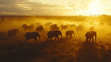 Sticker -   A group of elephants gracefully stand atop a lush green field beneath a radiant sun peeking through the clouds above