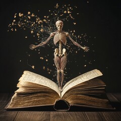 In a dimly lit space, a skeletal form rises from an ancient book, surrounded by swirling particles that create a mystical atmosphere of knowledge and discovery