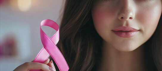 Wall Mural - Close up of a woman holding a pink breast cancer awareness ribbon