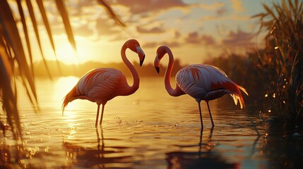 Poster -  Pink flamingos in water with setting sun and grass in foreground