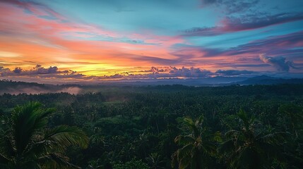 Poster -   The sun descends on a tropical zone featuring palm trees and a distant mountain capped with clouds above