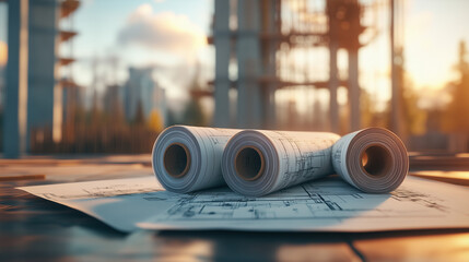 Rolled architectural blueprints on a construction site table with blurred buildings in the background during sunset.