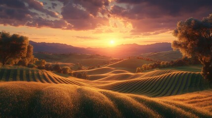 Wall Mural - Scenic countryside with rolling hills and a sunset