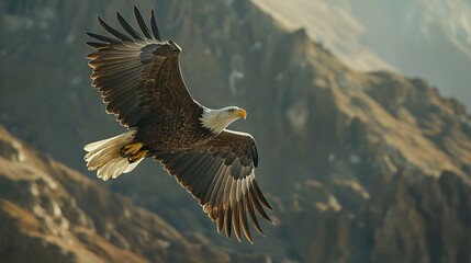 Poster -   A bald eagle majestically glides through the sky with outstretched wings, framing a breathtaking panorama of snow-capped mountains behind