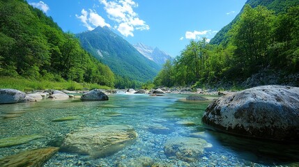   River runs through lush green forest filled with rocks; green-forested mountains in the background