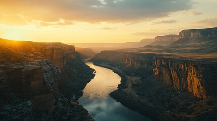 Wall Mural -   Sunset over river and cliff in canyon