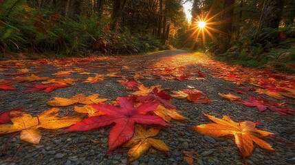 Wall Mural -   A street lined with fallen leaves glistening in the sunlight beneath towering trees