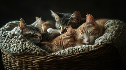 Poster -   A group of kittens napping in a basket with their heads nestled on top of one another's