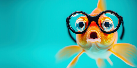 Surprised Gold Fish Wearing Glasses on Turquoise Background