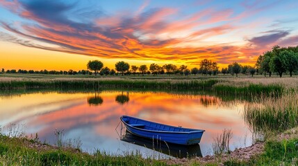 Canvas Print -   A blue boat sits atop a lake beside a verdant field and cloud-filled sky