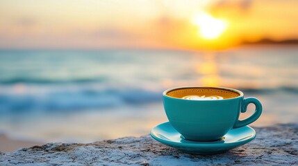 Poster -   A coffee cup resting atop a boulder by the seaside during sunset