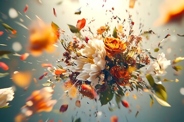 bouquet of flowers exploding with petals flying in the air