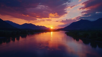 Canvas Print -   Large sunset water with mountains