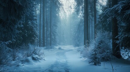 Poster -   A snow-covered path lies between towering trees in a dense forest