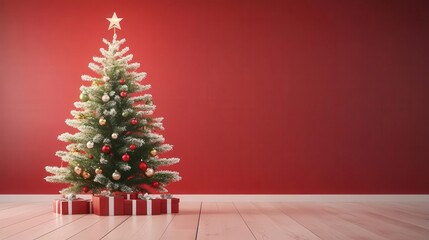 Festive Christmas tree adorned with ornaments and gifts, set against a vibrant red wall, perfect for holiday decorations.