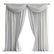 © Jahan Mirovi - A pair of white curtains with drapery and tiebacks hanging on a silver curtain rod. The curtains are closed, with a slight gap in the center