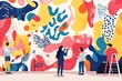 © Dina - large canvas or mural in progress, with artists adding colorful brushstrokes and patterns, set against a minimalist background to highlight process and passion of creative work flat illustration