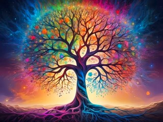 A majestic tree with neural network shaped branches. Colorful foliage representing various regions of the brain. 