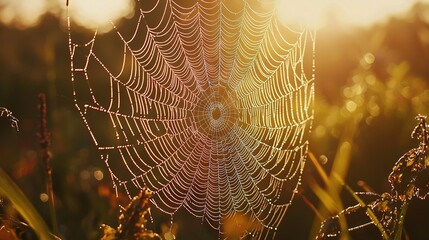Wall Mural -   Spider web glowing amidst green grass under sunlight