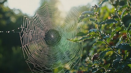 Wall Mural -   A close-up shot of a spider web on a leafy branch, adorned with droplets of water