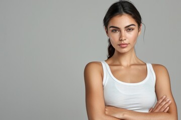 Confident young woman in white tank top on grey background.