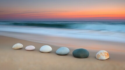   A row of stones sits on a sandy beach beside the ocean, with waves crashing in and a beautiful sunset behind it