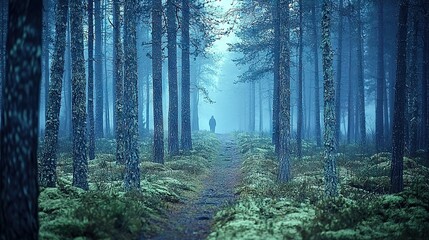 Canvas Print -   Person standing amidst foggy forest, with trail visible in foreground