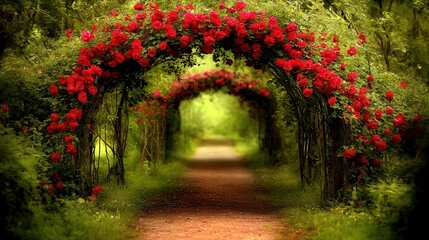 Wall Mural -   A winding road through a forest, lined with vibrant red blooms and flanked by towering trees with red blossoms on either side