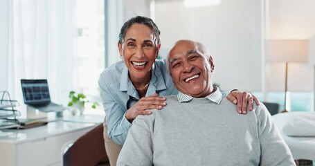 Poster - Happy woman, doctor and hug with patient in elderly care for consultation, visit or healthcare checkup at clinic. Portrait, female person and senior man with smile for assistance or medical help