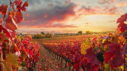 Canvas Print -   Red and yellow leaves dot the foreground of a vineyard as the sun sets into the sky