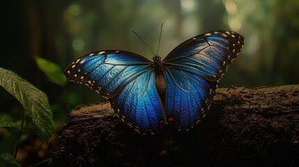 Poster -   A blue butterfly perched on a tree limb amidst a dense forest, surrounded by verdant foliage