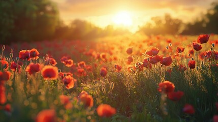 Poster -   Field full of red flowers, sun setting in distance