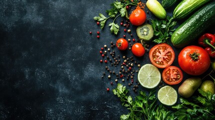 Healthy Food Background Featuring Fresh Vegetables, Fruits, and Spices on a Dark Background with Vibrant Colors and Textures