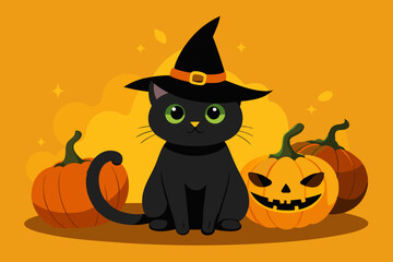 Canvas Print - Black cat background with pumpkins and witch hat - Halloween Background illustration