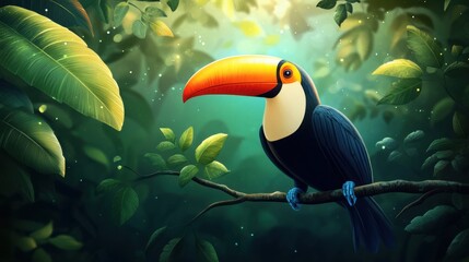 A toucan with a bright beak sitting on a rainforest branch