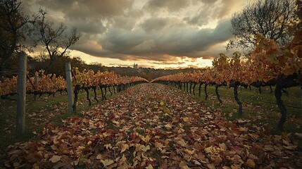 Canvas Print -   A group of fallen leaves lies before a line of trees against a hazy sky backdrop