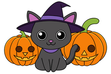 Black cat background with pumpkins and witch hat - Halloween Background illustration