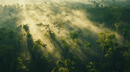 Wall Mural -  A lush forest brimming with towering trees bathed in golden sunlight