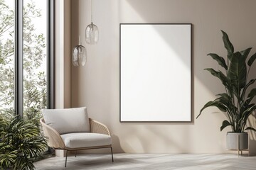 Poster Frame in Beige minimalist living room interior created with generative AI