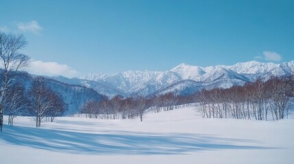 Poster -   A snow-covered field with trees in the foreground and a distant mountain range, blanketed in snow as well