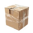 © YONG - A damaged cardboard box with transparent cellophane wrap on a white background