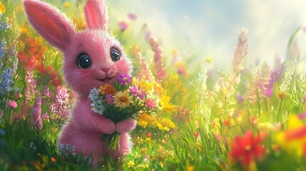 Wall Mural -   A painting of a pink bunny holding a bouquet of flowers in a field of wildflowers against a blue sky