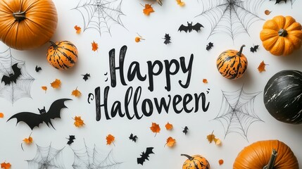 Wall Mural - Happy Halloween: Halloween background image for invitation, greeting card, poster, flyer, banner. Jack o lantern. Pumpkin. Bats. Season. October. Festive.