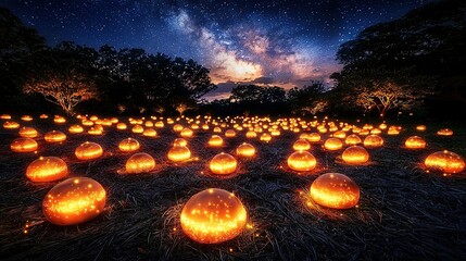 Wall Mural -   A field illuminated with glowing eggs on top of a lush grass field beneath a star-filled night sky