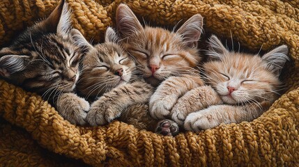 Poster -   A trio of kittens slumber atop a double-layered blanket on a single-layered blanket