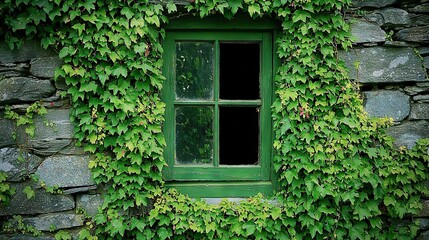 Wall Mural -   A green window is encircled by lush green foliage against a stone background, featuring a clear glass pane as its centerpiece