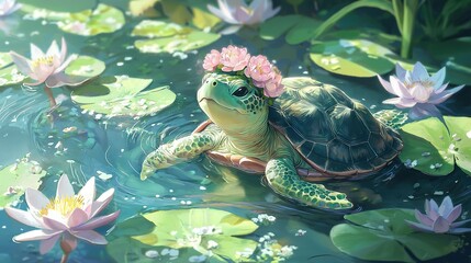 Poster -   A painting depicts a turtle crowned with flower garland drifting in lily-filled pond