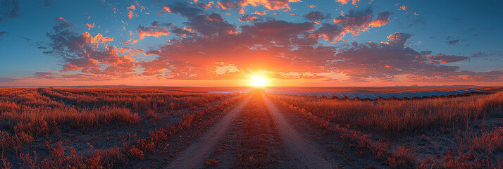 Wall Mural - A dirt road leads towards a vibrant sunset with a field of solar panels in the distance.