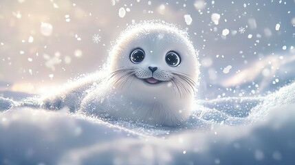 Poster -   A close-up of a baby seal on a snow-covered ground, with snowflakes on its face