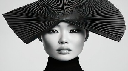 Poster -  A monochrome snapshot of a female head adorned with a fan atop it